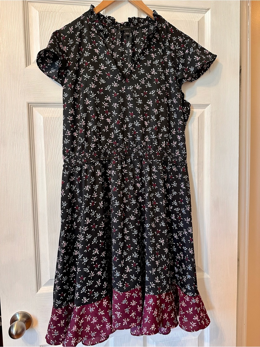 Ann Taylor Factory Black Floral Dress with Burgundy Hem